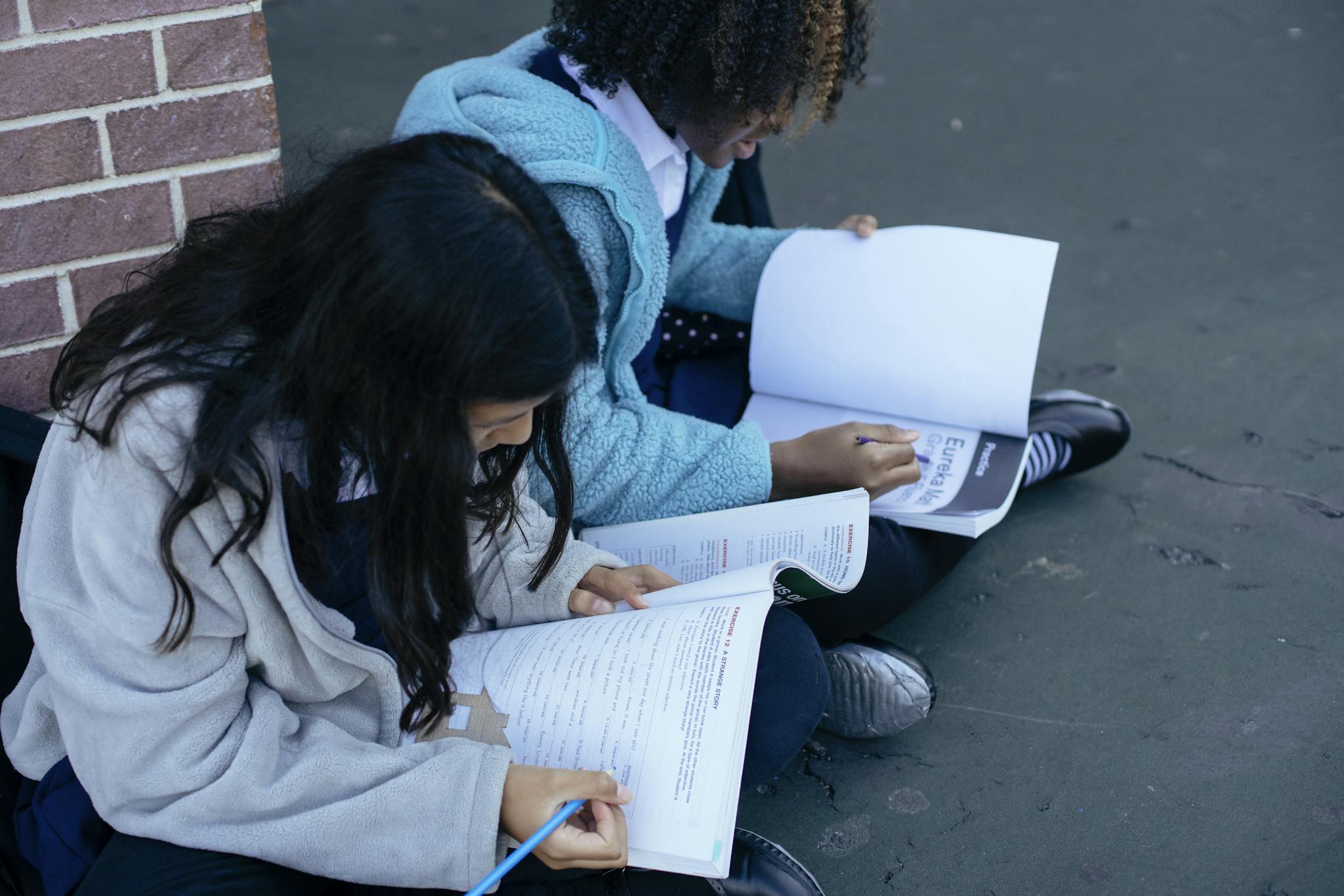 From above of cute clever girls doing exercises carefully in textbooks while sitting on ground